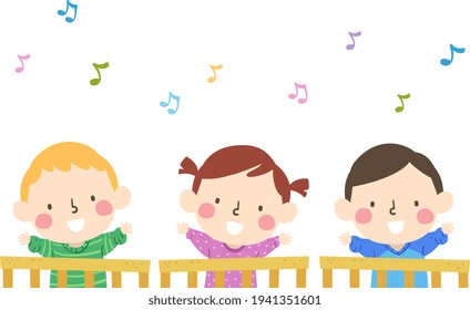 Illustration of Babies Kids in Crib Waving and Singing a Song with Music Notes