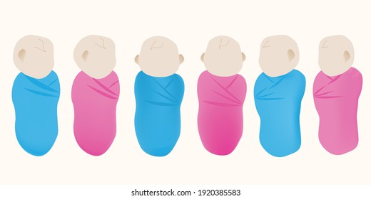 Illustration of babies in many lying posture. babies in pink and blue sky wrap.