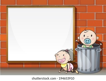 Illustration der Säuglinge in der Nähe der Wand mit leerem Schild