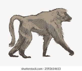 Illustration of a baboon walking. The baboon has a detailed fur texture. Baboon illustration showcases its side profile. Walking baboon on a plain background. Vintage animal illustration vector.