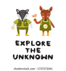 Illustration of baby animals in scout uniform isolated on white. Cute vector characters. Explore the unknown quote