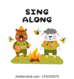 Illustration of baby animals in scout uniform isolated on white. Cute vector characters. Sing along quote