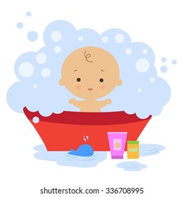 Illustration of baby in a bath with bubbles. 