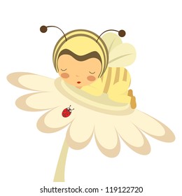 An illustration of a baby in bee-costume sleeping on a flower