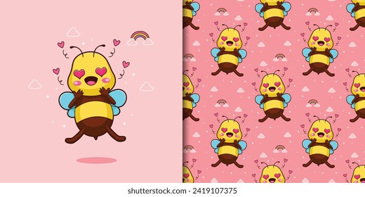 
Illustration of baby bees flying with happy hearts on a pink background