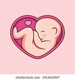 Illustration of Baby in a Belly with Cute Pose and Love. Isolated on Pink Background