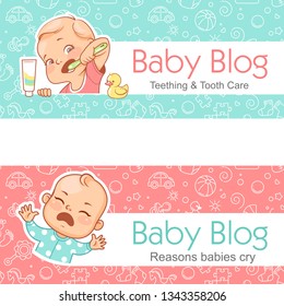 Illustration für Baby-Blog, Website, Artikel. Zahnpflege und Zahnpflege.  Kinder putzen Zähne. Baby schreit. Gründe für Babyweinen, Vektorgrafik mit Text und Nahtlosem Hintergrund. Entwerfen Sie eine Bannervorlage.