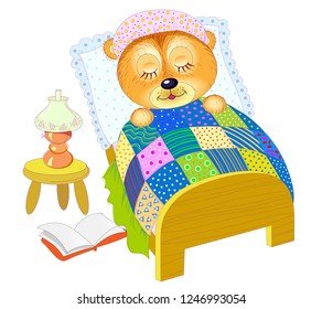 Illustration for baby book. Little teddy bear sleeping at night in his bed after reading. vector cartoon image. Good night. Hand-drawn vector cartoon image.