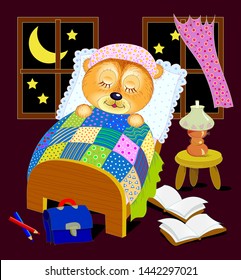 Illustration for baby book. Little teddy bear is sleeping at night in his bed after reading. Good night. Cover for children textbook. Back to school. Hand-drawn vector cartoon image.
