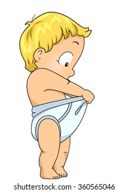 Illustration of a Baby Boy Checking What is Inside His Diaper