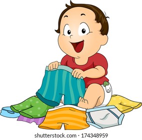 Illustration of a Baby Boy Choosing Which Underwear to Wear