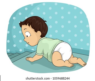 Illustration of a Baby Boy Crawling Towards the Top of the Stairs. Baby Hazard