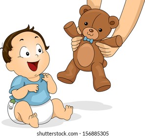 Illustration of a Baby Boy Delighted to be Handed a Teddy Bear