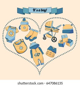 Illustration of baby boy items in heart shaped frame