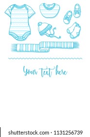 Illustration of baby boy items for a postcard. Baby items for logo: babygro, bib, bootee, hat, socks, scarf. Infant clothing and toys template for a banner, a flyer or an announcement of pregnancy.