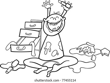 illustration of baby boy and mess for coloring book