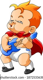 The illustration of the baby boy with the orange hair and using the red cloak holding the guitar