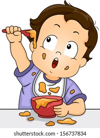 Illustration Of A Baby Boy Playing With His Food