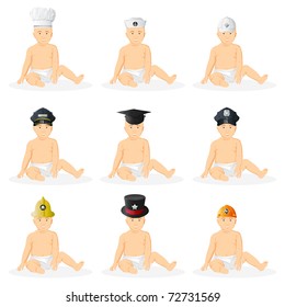 illustration of baby boy sitting with different professional hat