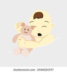 illustration of baby boy sleeping and hugging bear doll on gray background