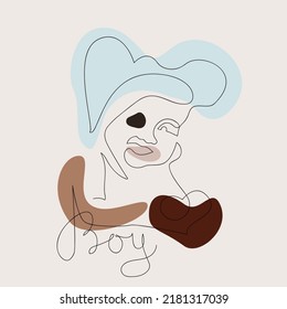 Illustration of a baby boy in a style one line art in blue and brown hues with splashes of color and calligraphic lettering "Boy" at the bottom.