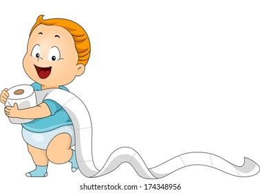 Illustration of a Baby Boy Walking Away with a Roll of Toilet Paper