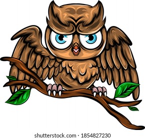 The illustration of the baby brown owl perch on the wooden branch with the happy face