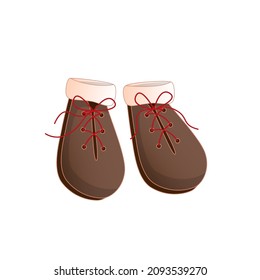 Illustration of baby brown shoes with white fur and red laces.