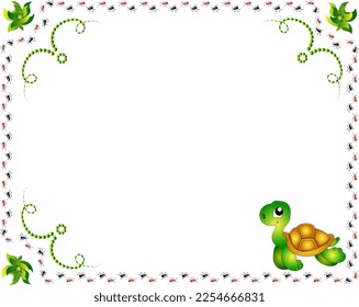 Illustration of baby card frame with turtle and ants. Postcard cartoon