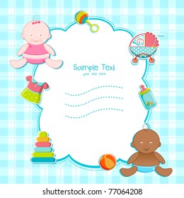 illustration of baby card with baby sitting and different item for baby