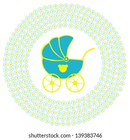 The illustration with baby carriage and floral frame