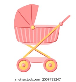 Illustration of baby carriage. New born baby girl Happy Birthday object.