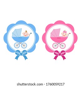 illustration of baby carriages with a boy and a girl on a white background
