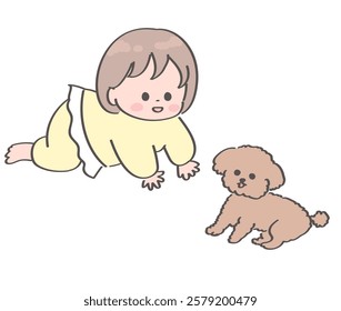 Illustration of a baby crawling towards a toy poodle