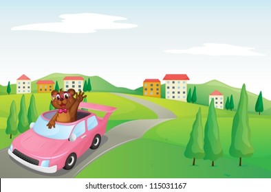 illustration of a baby cub in a car on white