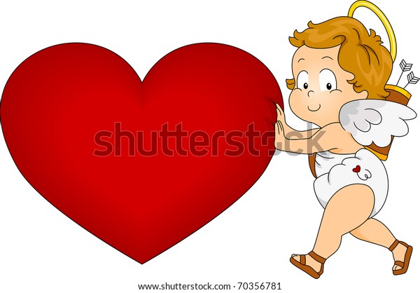 Illustration Baby Cupid Pushing Giant Heart Stock Vector (Royalty Free ...