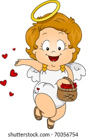 Illustration of a Baby Cupid Scattering Petals Around