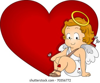 Illustration of a Baby Cupid Sitting Beside a Giant Heart