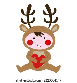 Illustration of a baby dressed as a Rudolph catching a heart