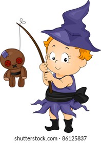 Illustration of a Baby Dressed in a Witch Costume catching a Voodoo Doll