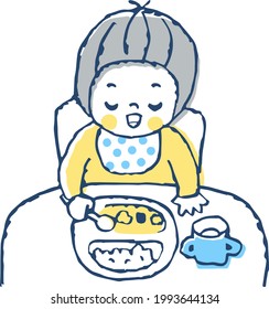 Illustration of a baby eating alone