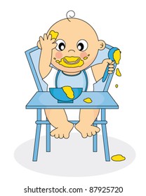 Illustration of a Baby Eating Baby Food - Vector