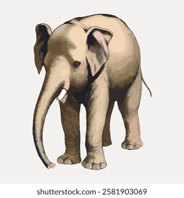 Illustration of a baby elephant with large ears and a long trunk. The baby elephant stands with a curious expression. Cute baby elephant in a simple style. Vintage animal illustration isolated, vector