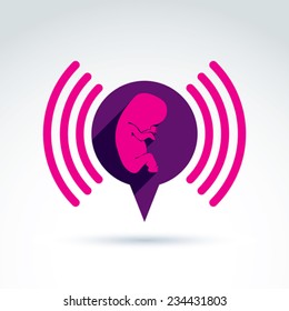 Illustration of a baby embryo and a podcast symbol. Chat on a pregnancy theme. Pregnancy and abortion broadcast theme.