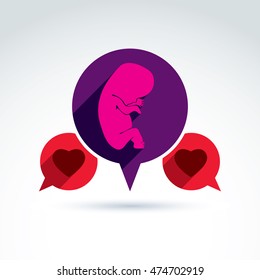 Illustration of a baby embryo and two red loving hearts.