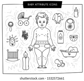 Illustration of a baby. Flat icons of baby attributes: pacifier, baby's dummy, diaper, cradle, stroller, socks, powder, baby monitor, rattle, bib. Vector illustration. - Vector.