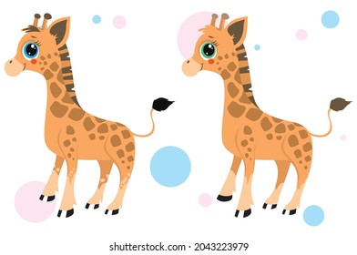 Illustration of a baby giraffe. Find the differences in animals. For printing on paper. Vector illustration