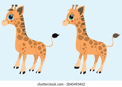Illustration of a baby giraffe. Find the differences in animals. For printing on paper. Vector illustration