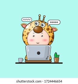 Illustration of a baby Giraffe working on a laptop. giraffe mascot cartoon characters