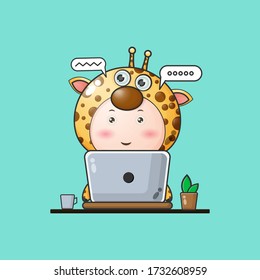 Illustration of a baby Giraffe working on a laptop. giraffe mascot cartoon characters